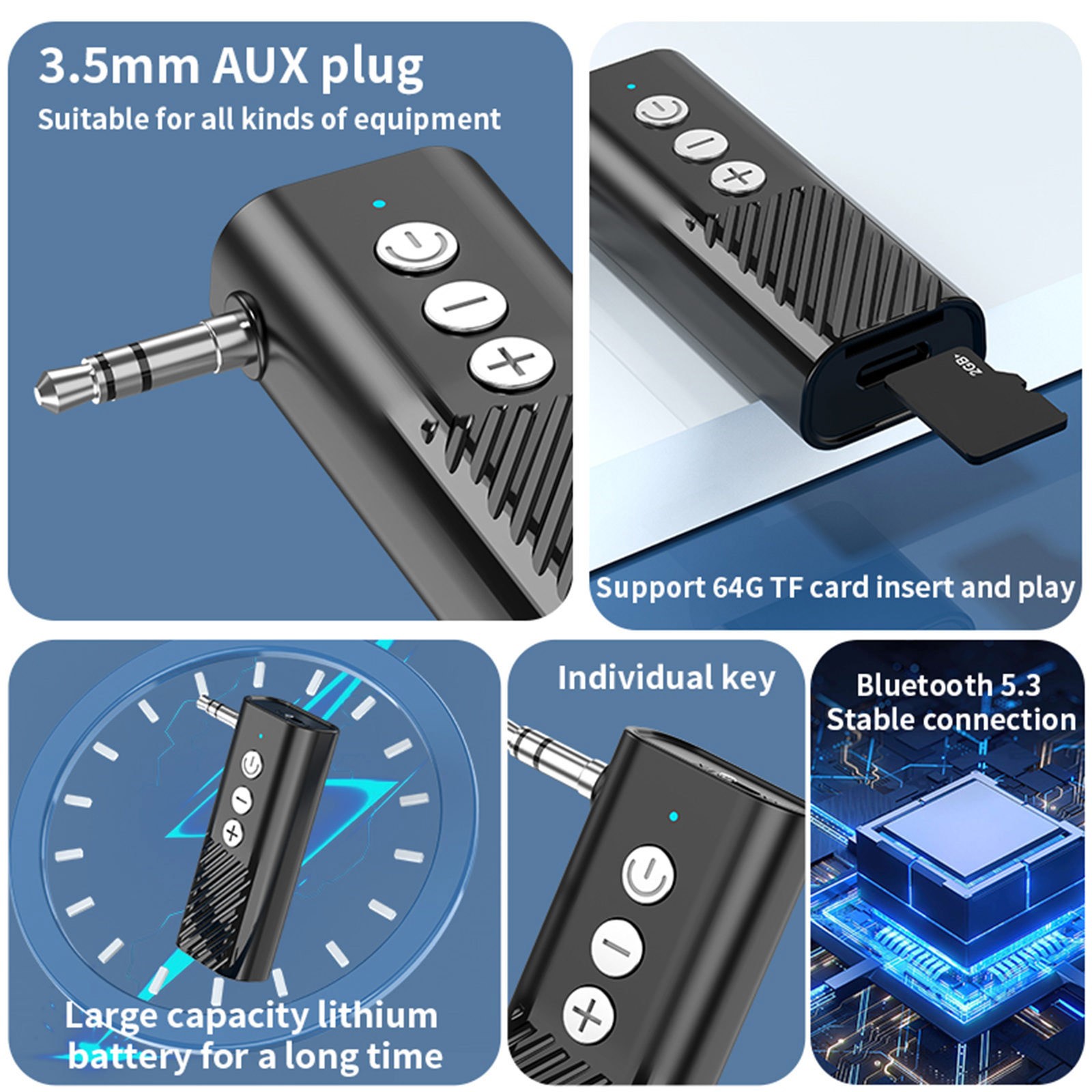 3-in-1 Wireless Bluetooth 5.3 Transmitter Receiver Adapter Audio Black ABS