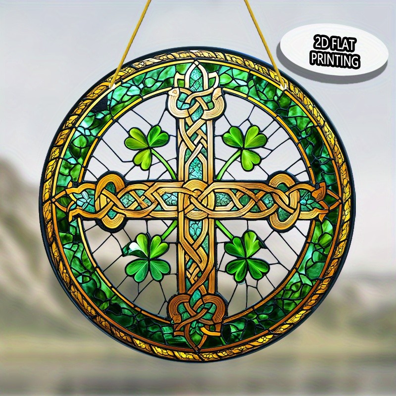 St Patricks Day Celtic Cross Acrylic Suncatcher Shamrock Pattern Round Decor