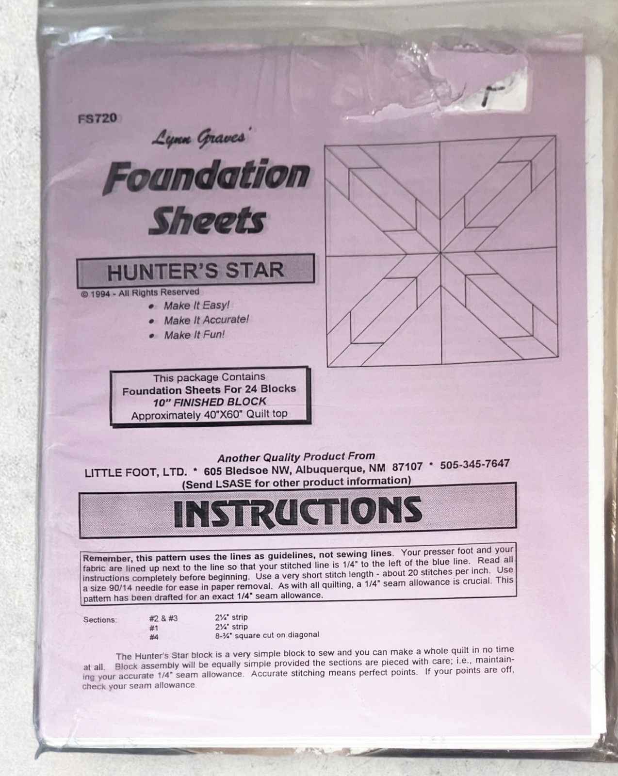 Lynn Graves Foundation Sheets Hunter's Star 10" finished Block Quilting