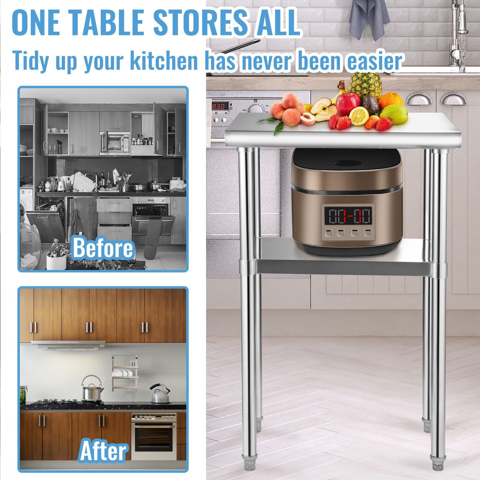 Stainless Steel Prep Table 24x18in, 600lbs Load Capacity, Adjustable Undershelf