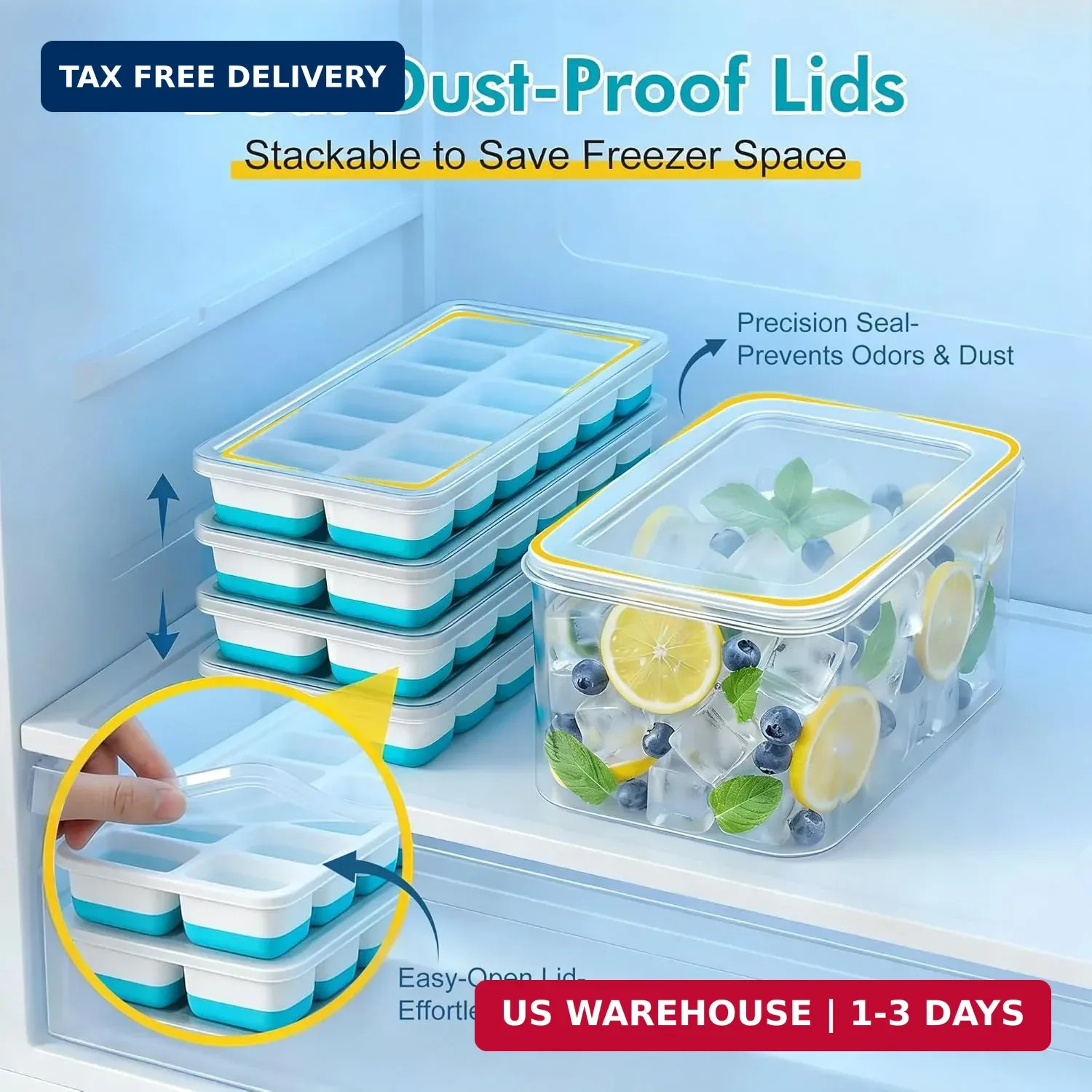 NFK Ice Cube Tray with Lid & Bin - 4 Pack 48 Cubes Stackable Silicone Trays for