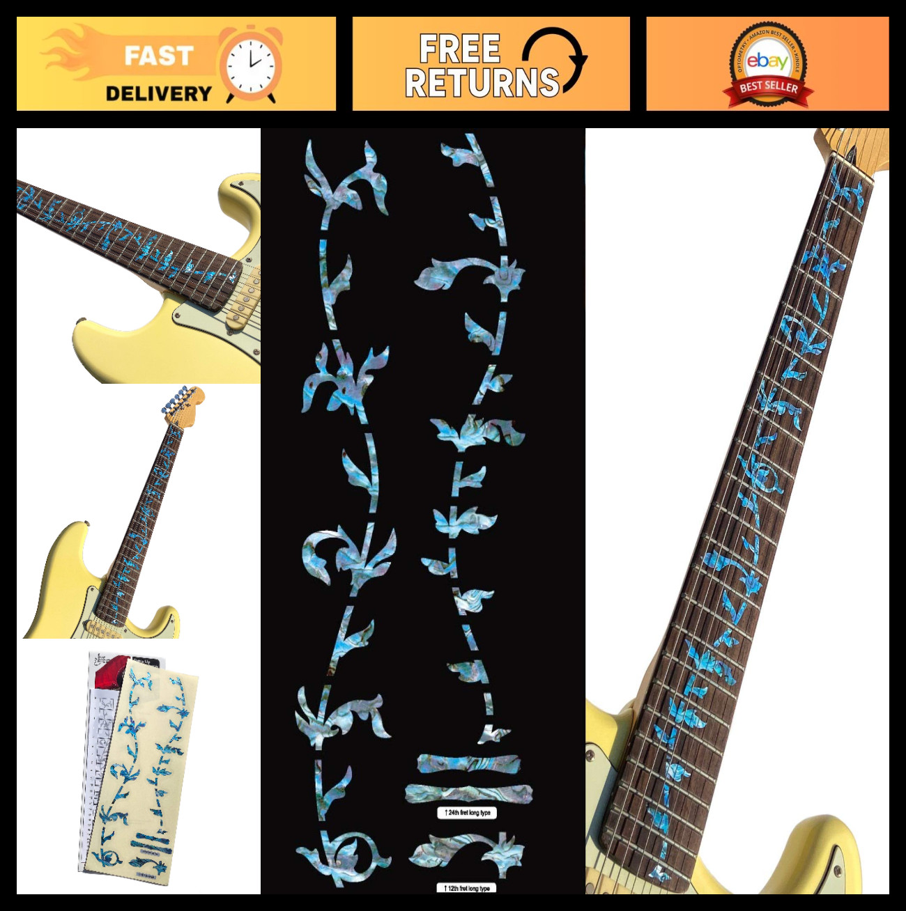 Tree of Life Fret Markers for Guitars - Abalone Blue Inlay Stickers, 21-24 Fret