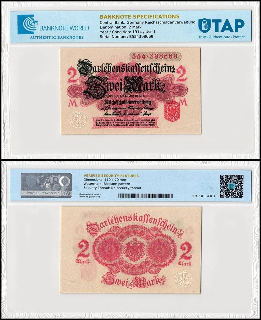 Germany 2 Mark, 1914, P-53, Used, TAP Authenticated