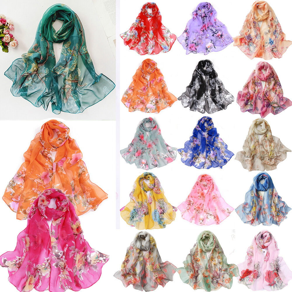Womens Ladies Long Soft Silk Chiffon Floral Scarf Wrap Shawl Scarves Headscarf ∂