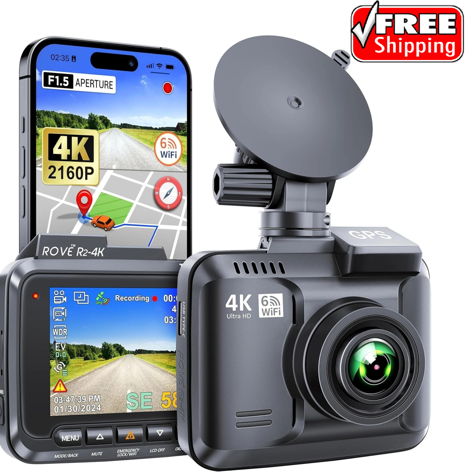 Rove R2-4K Dash Cam for Cars Ultra HD 2160P Dash Camera Built-In Wi-Fi  6 & GPS