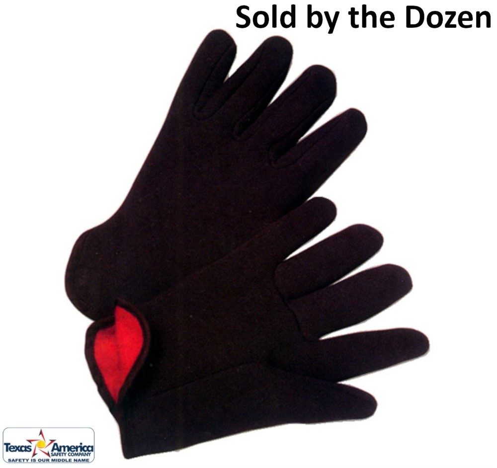 Fleeced Red Lined Brown Jersey Gloves (Sold by Dozen)