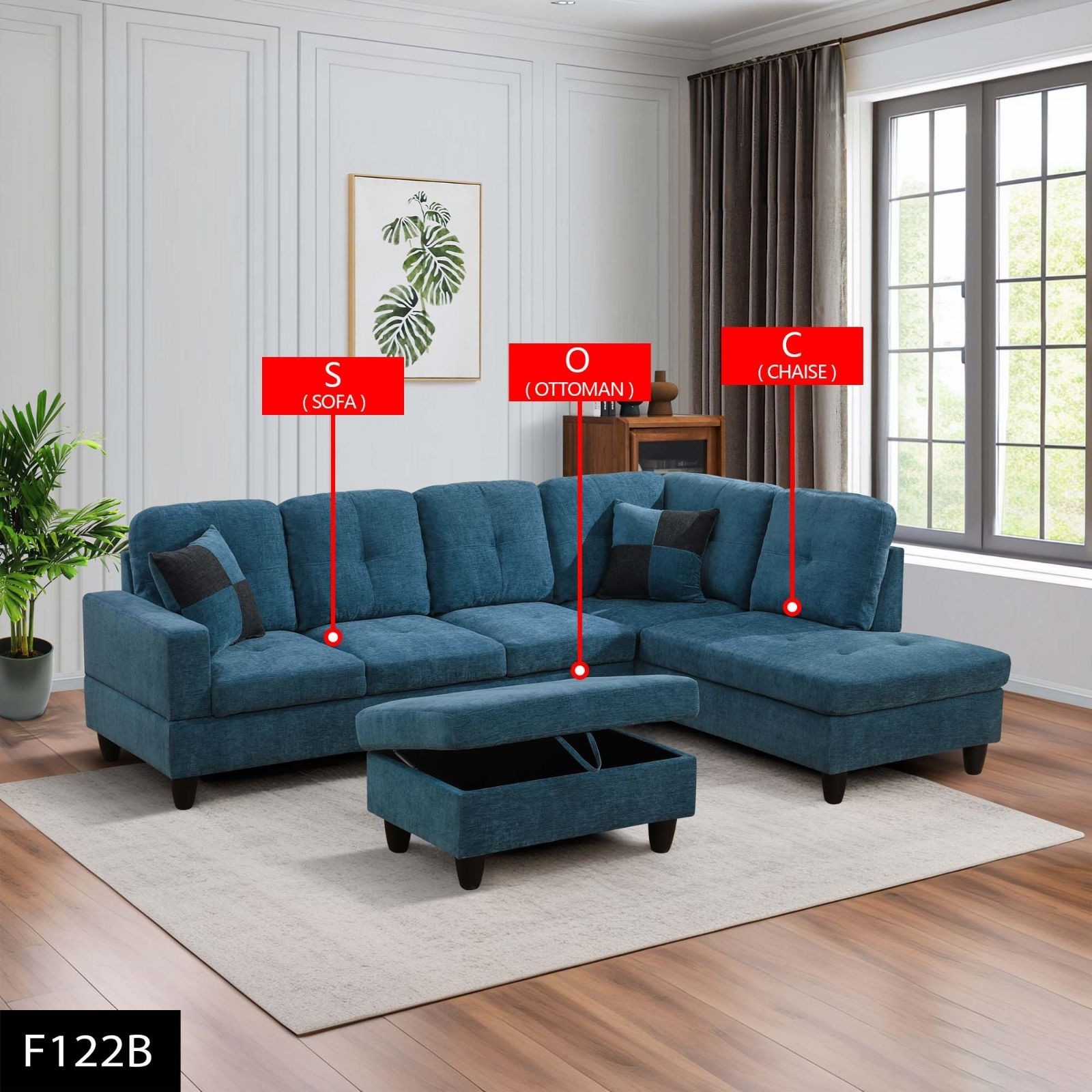 Blue Flannel 3-Piece Couch Living Room Sofa Set