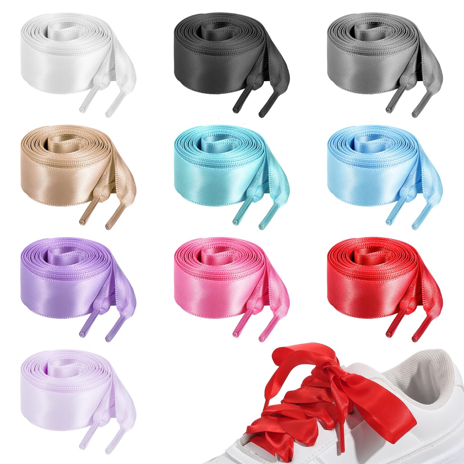 LXUEJIE 12 Pairs 47" Flat Satin Ribbon Shoelaces, Colorful One Size, White