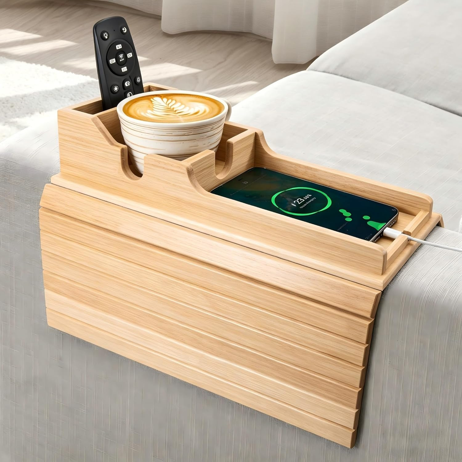 Bamboo Couch Armrest Table, Couch Arm Tray with Removable Couch Cup Holder, 2 in