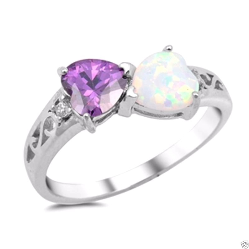 USA Seller Hearts Ring Sterling Silver 925 Jewelry White Lab Opal Amethyst CZ