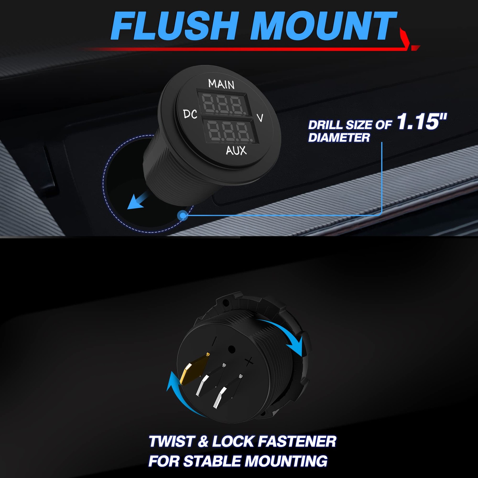 MICTUNING LED Digital Double Voltmeter, Round Vlotmeter, Blue