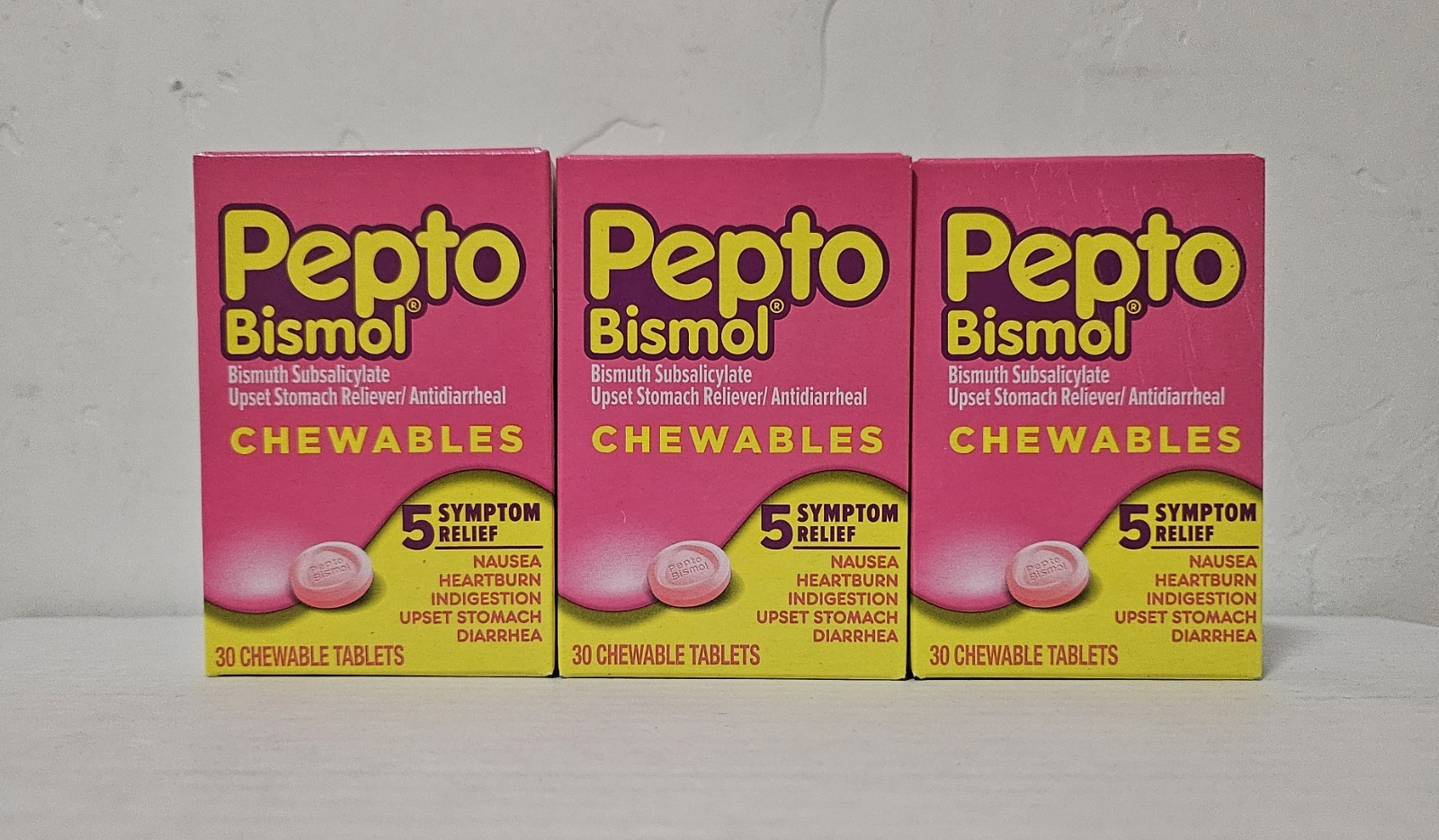Pepto Bismol Chewable Tablets 5 Symptoms Relief Original Flavor (3-Packs x 30ct)