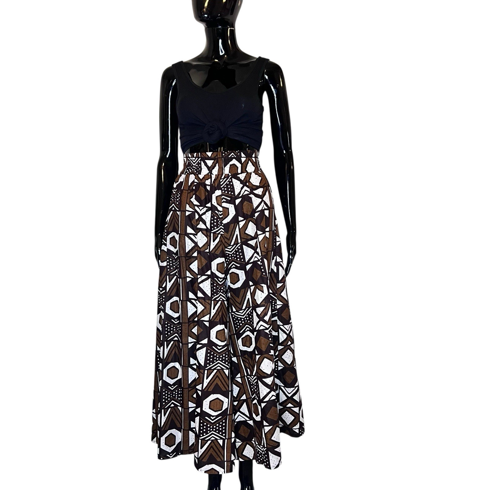 African Print Brown & White Tribal Mud Cloth  Print Women Bell Gaucho Pants