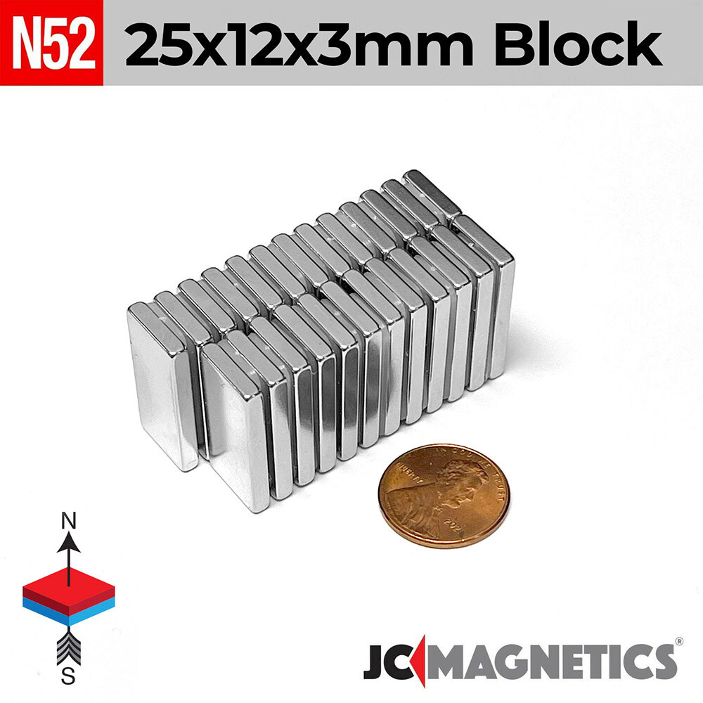 25mm x 12mm x 3mm N52 Super Strong Neodymium Magnet Blocks 25x12x3mm