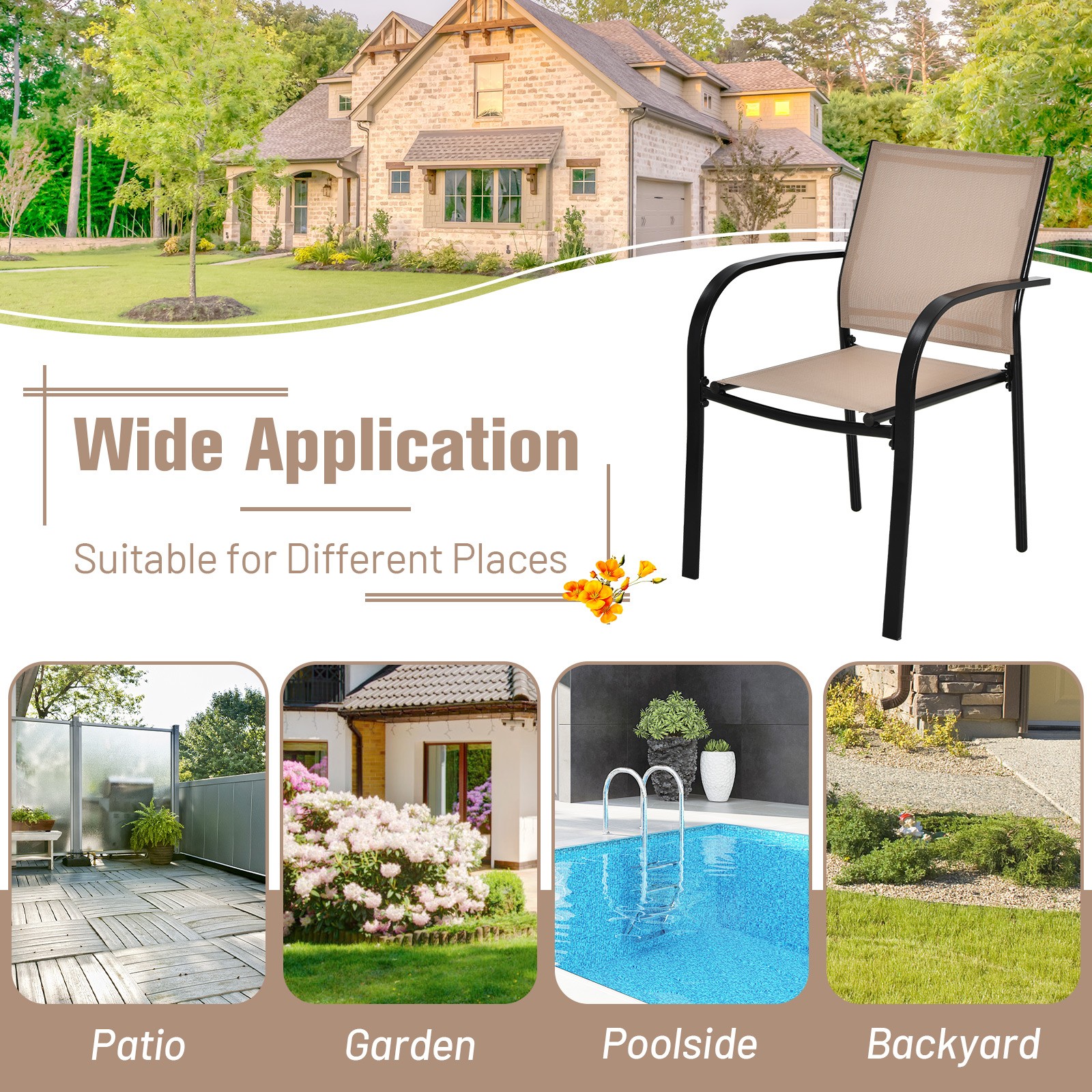 Topbuy 4PCS Outdoor Dining Chairs Stackable Chairs w/Armrests & Breathable