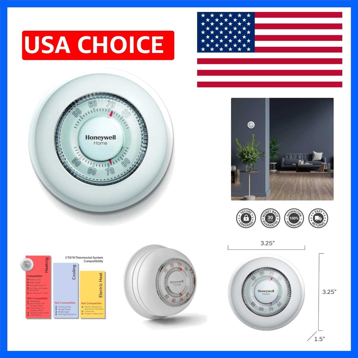 CT87K1004 The Round Heat Only Manual Thermostat,Large,White,Large