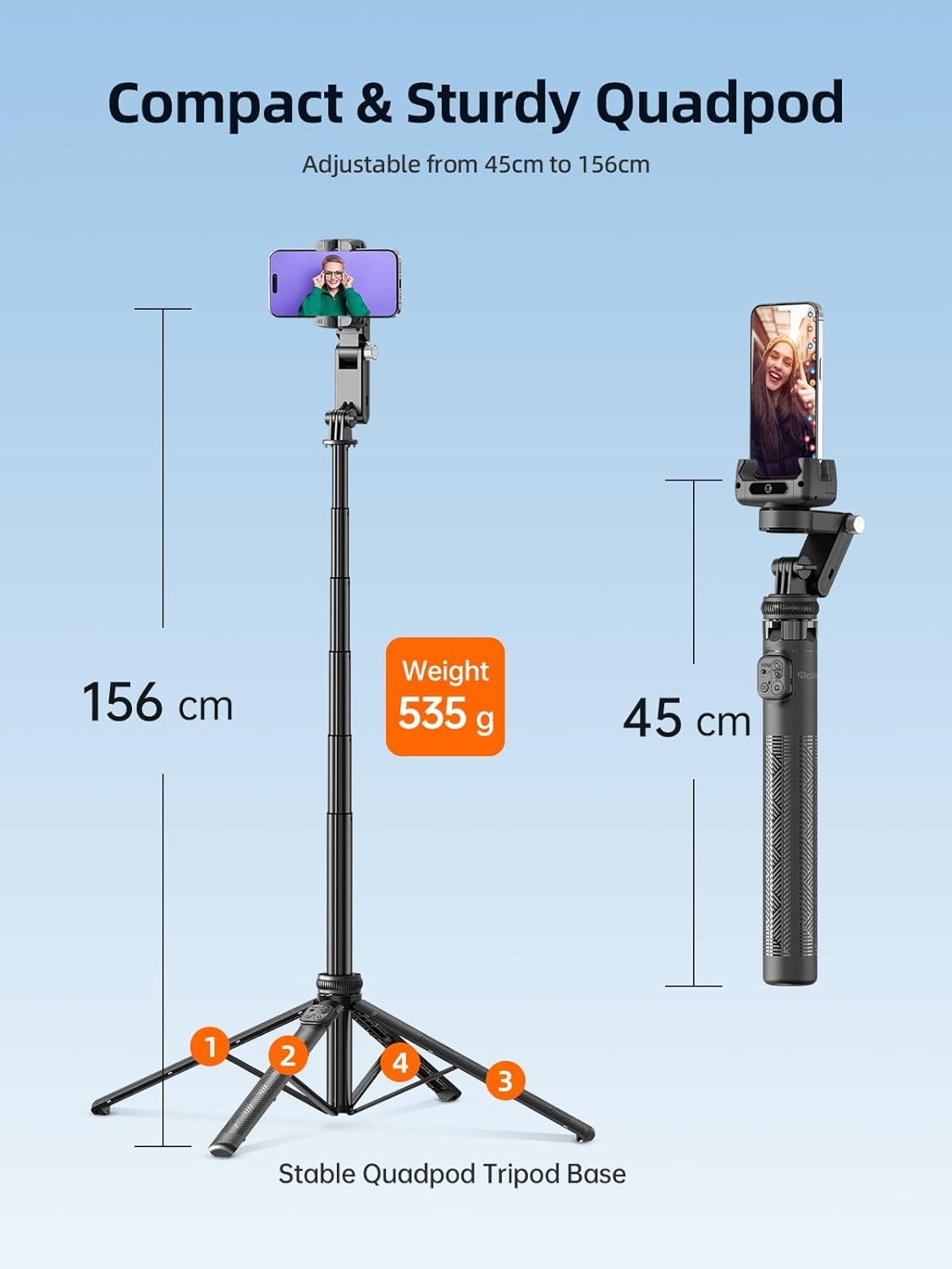 Rollei Auto Face Tracking Tripod Smartphone Gimbal Stabilizer 61'' Selfie Stick