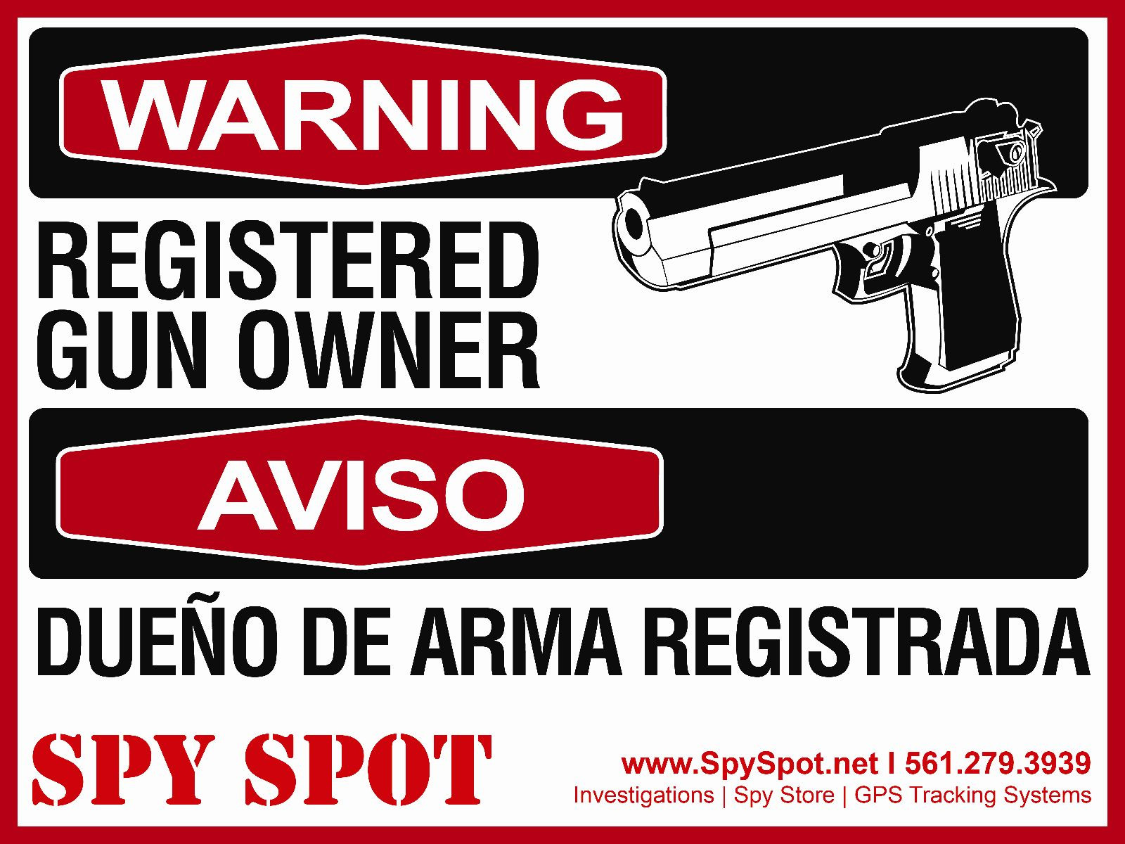 Set of 2 X Large 15" x 12" Warning Registered Gun Owner Decals English & Spanish