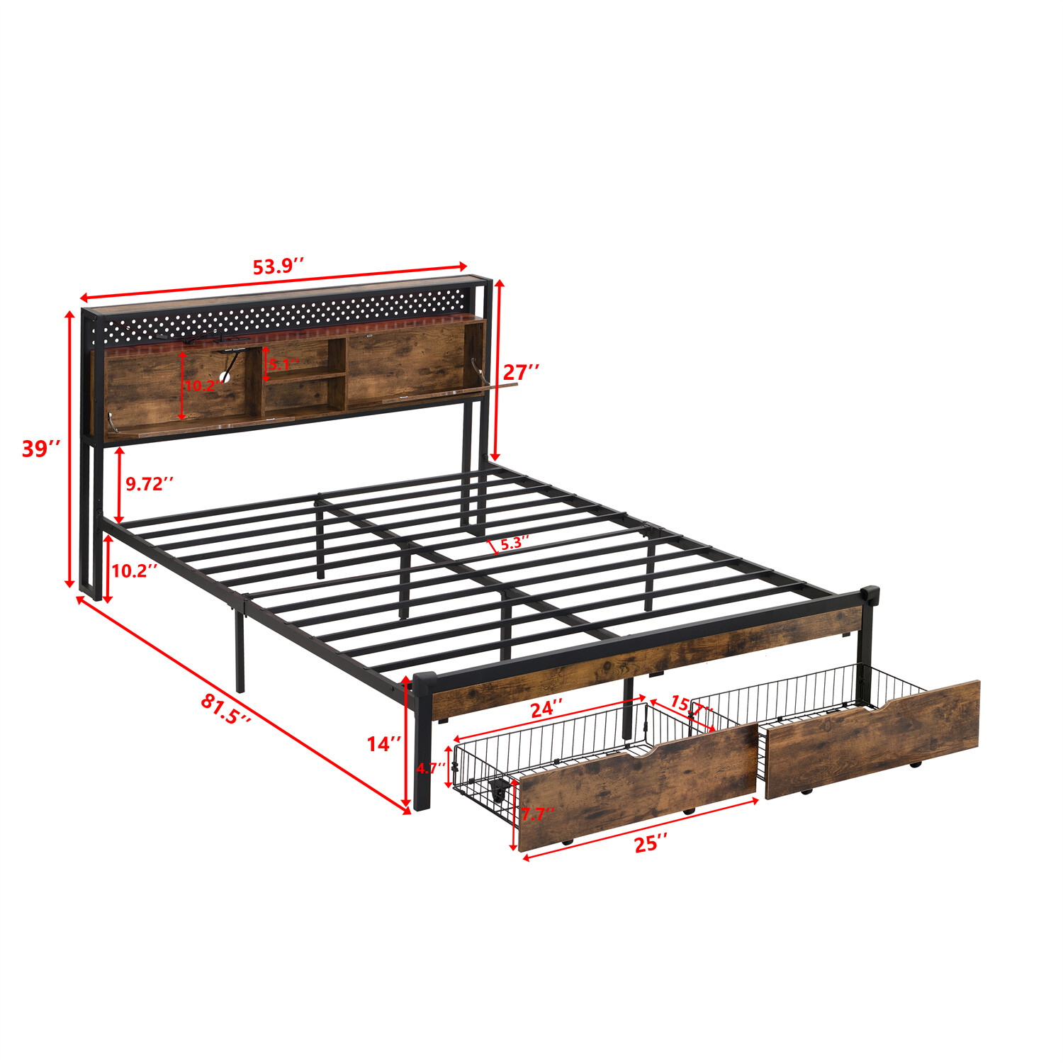 Full/Queen/King Size LED Bed Frame Metal Platform Bed w/ Charging Station