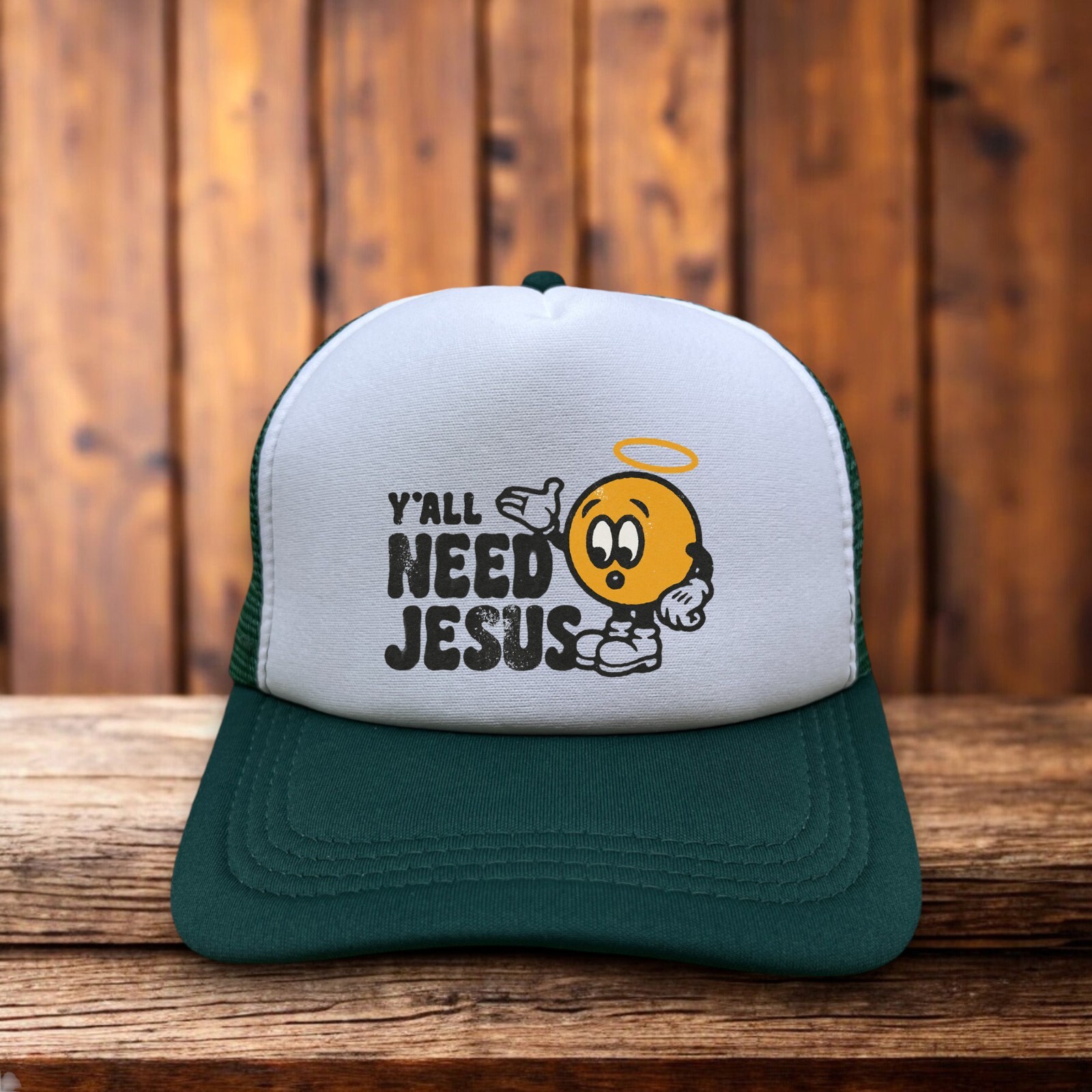 Y'All Need Jesus Unisex Trucker Hat Green Funny Religious Meme Christian Gift