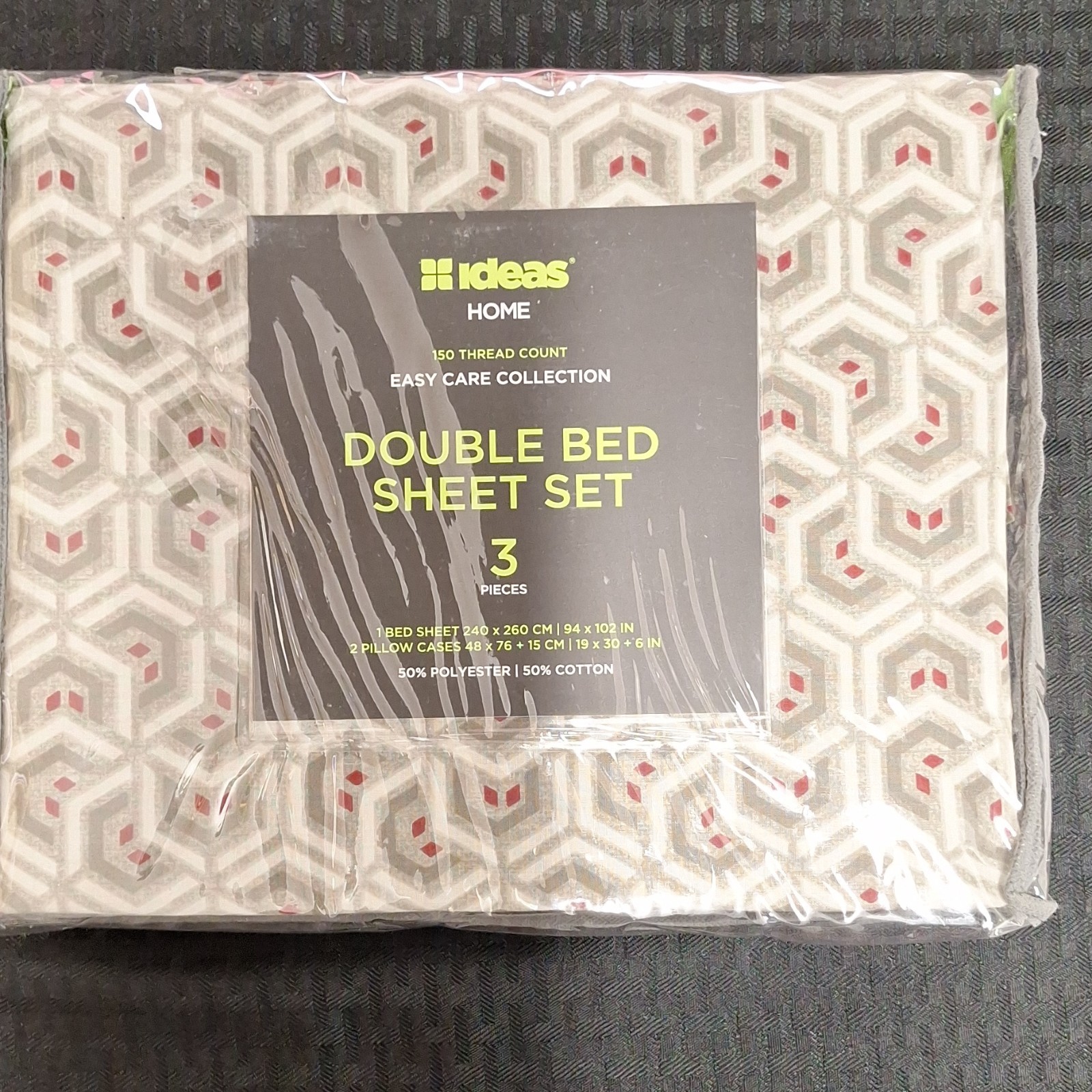 Ideas Home Double Bed Sheet Set 3pc Geometric Beige Red Gray 150TC AW20-035