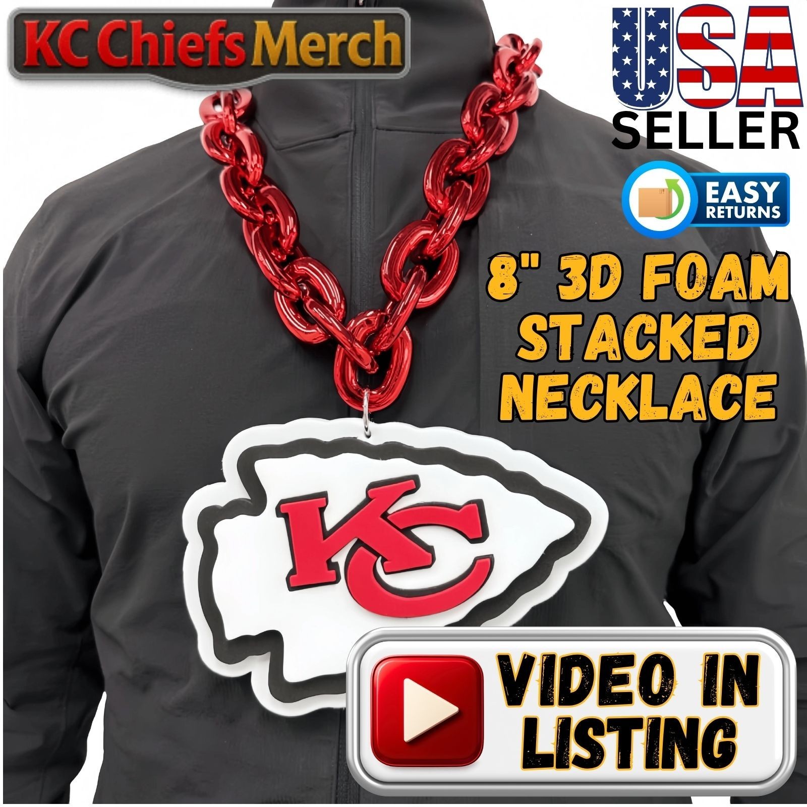 Kansas City Chiefs 3D Foam Chain Necklace, 38" Red Chain, KC Fan Gift, Fast Ship