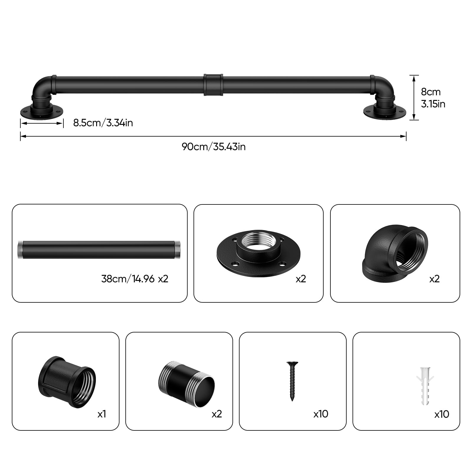 Abiglifty 3FT Pipe Handrail, Hand Rails for Indoor Stairs, 90cm (3FT), Black
