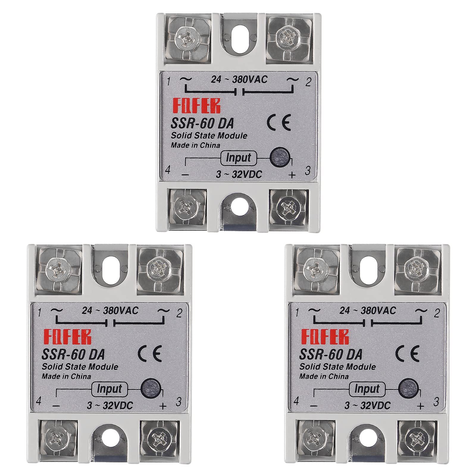 3pcs SSR-60DA Solid State Relay DC to AC Input 3-32V DC Output 24-380V AC 60A