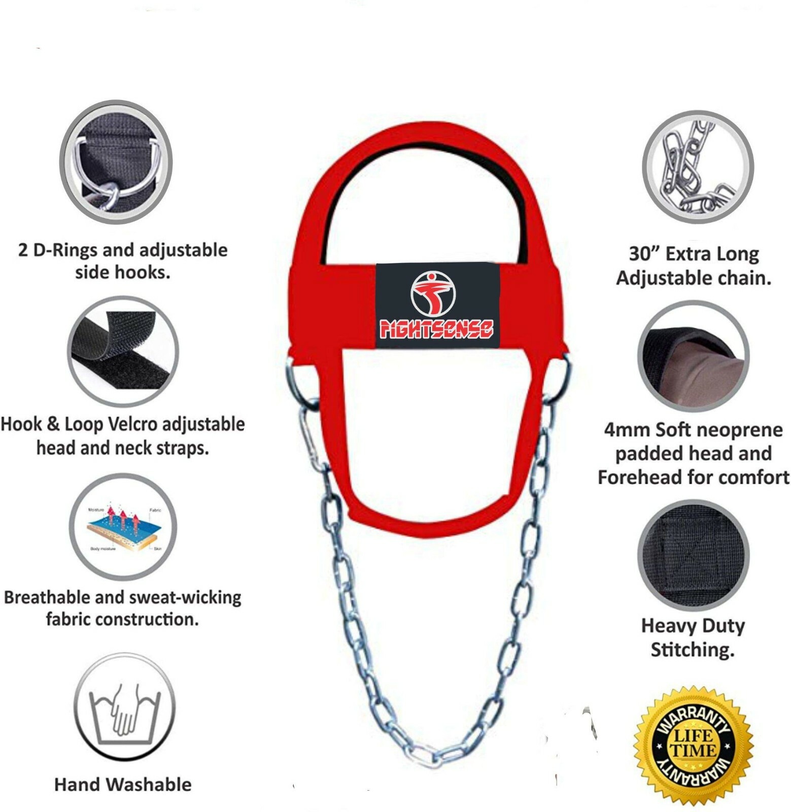 FIGHTSENSE Head Neck Harness Strap Neck Support Lifting With Chain Red