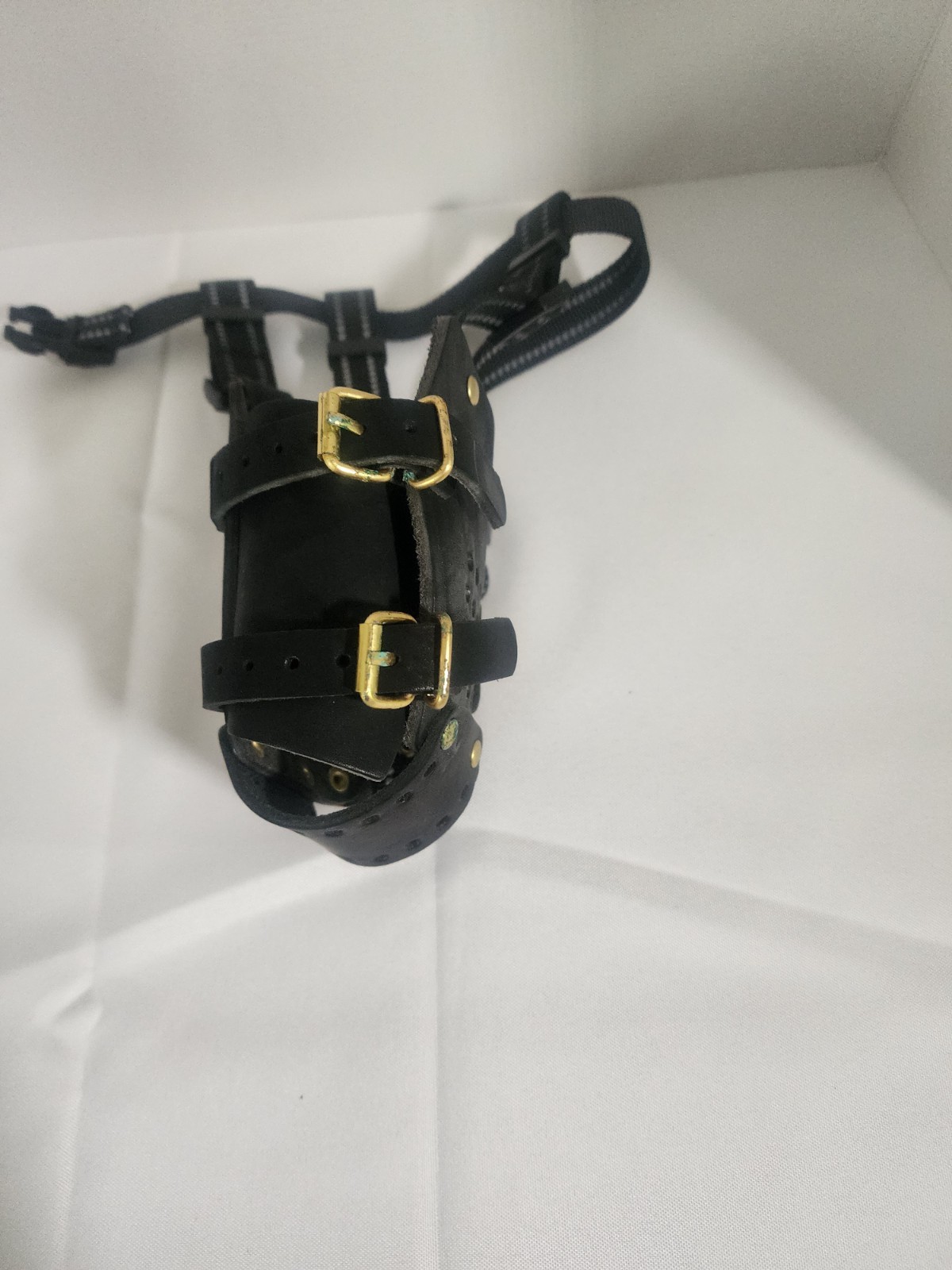 Leather Dog Muzzle Adjustable Straps Gold Buckles Black Non Breed Specific