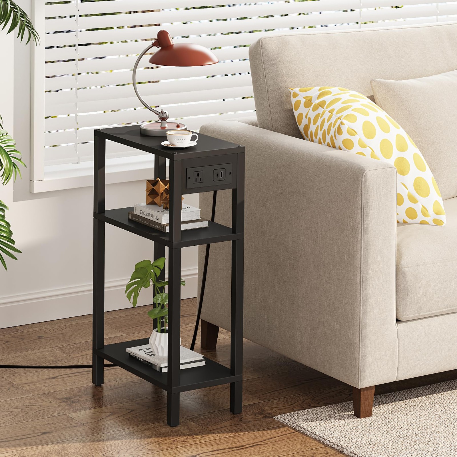 Narrow Side Table with Charging Station,Small End Table with USB Ports and Ou...