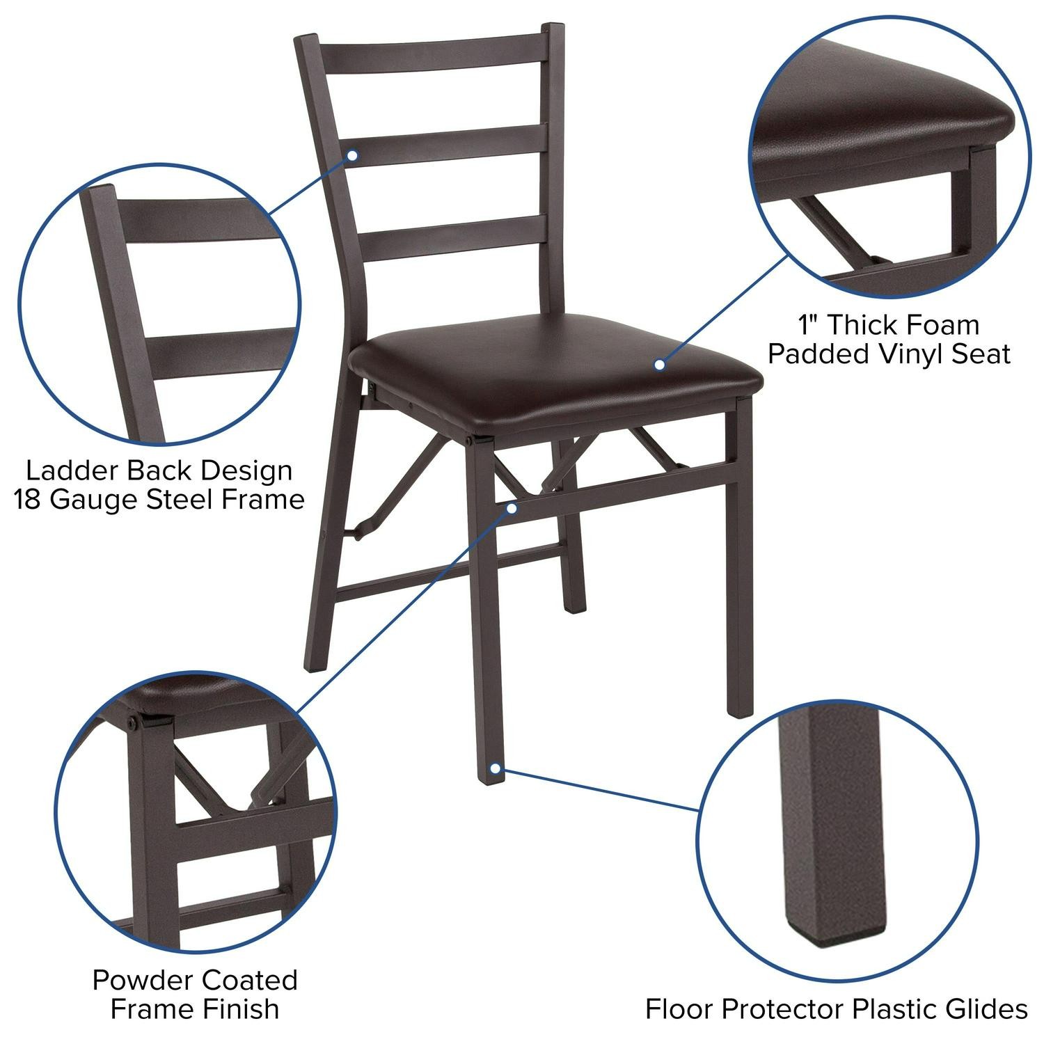2 PK Brown Folding Ladder Back Metal Chair - Brown Vinyl Seat - Dining Furniture