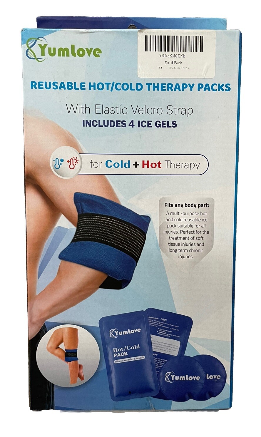 Yumlove Reusable Hot/Cold Therapy Packs Elastic Vel Strap 4 Ice Gels