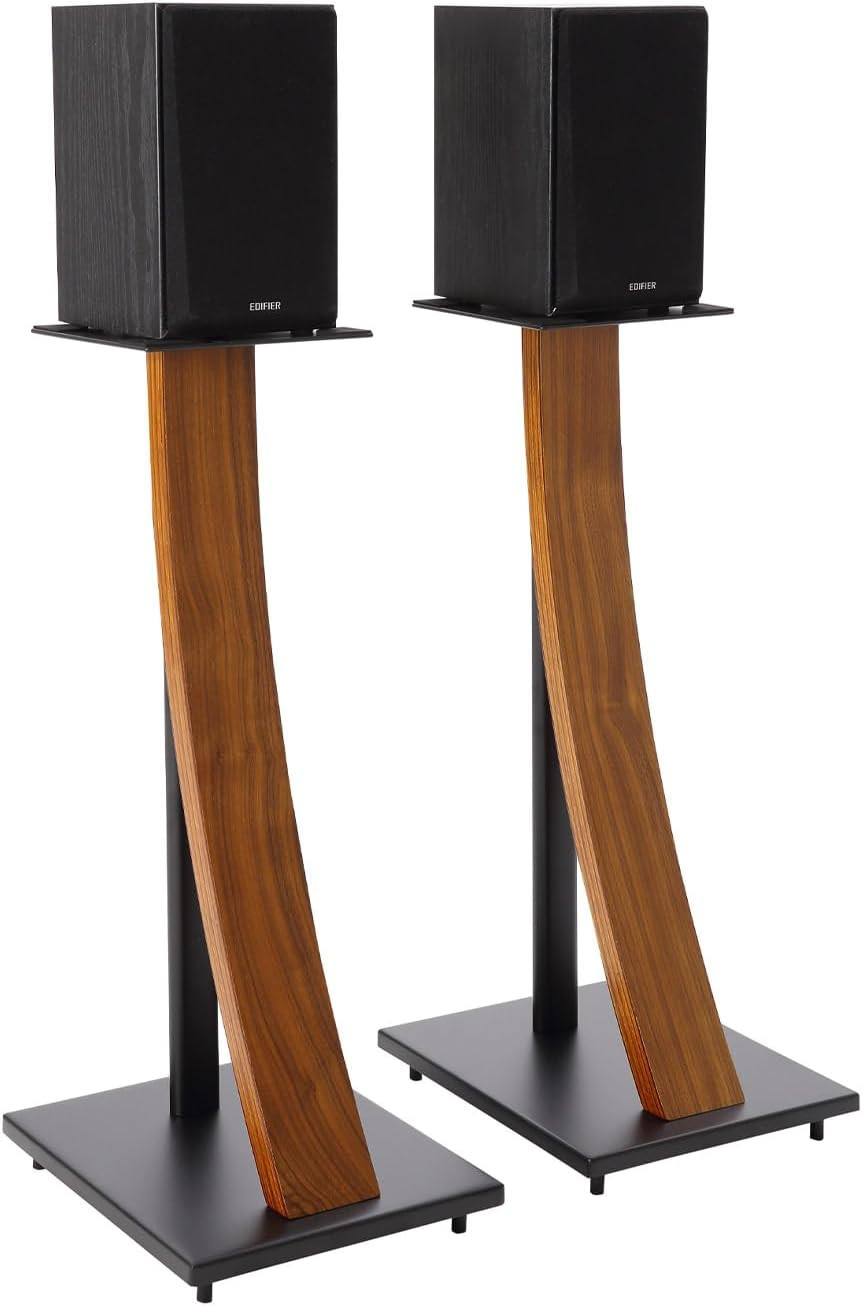 One Pair Fixed Height Universal Speaker Floor Stands with Real Wood - Walnut - 2