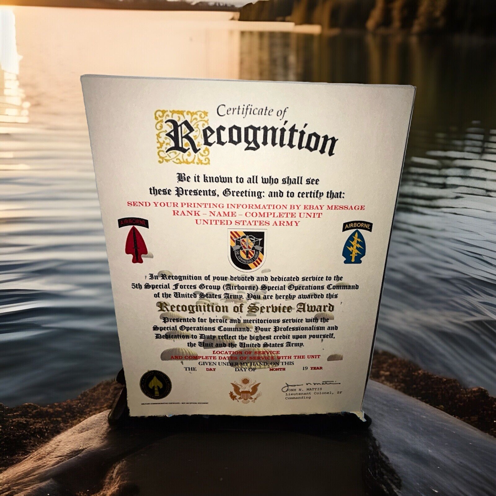 U.S. ARMY - 5TH SPECIAL FORCES GROUP (ABN) RECOGNITION OF SERVICE AWARD