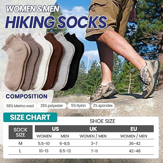 6 Pairs Merino Wool Ankle Socks Men Women Hiking Running Thick Cushioned