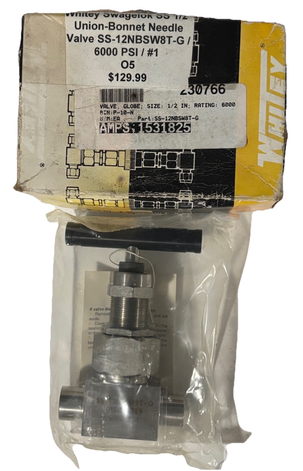 Whitey Swagelok SS 1/2 Union-Bonnet Needle Valve SS-12NBSW8T-G / 6,000 PSI