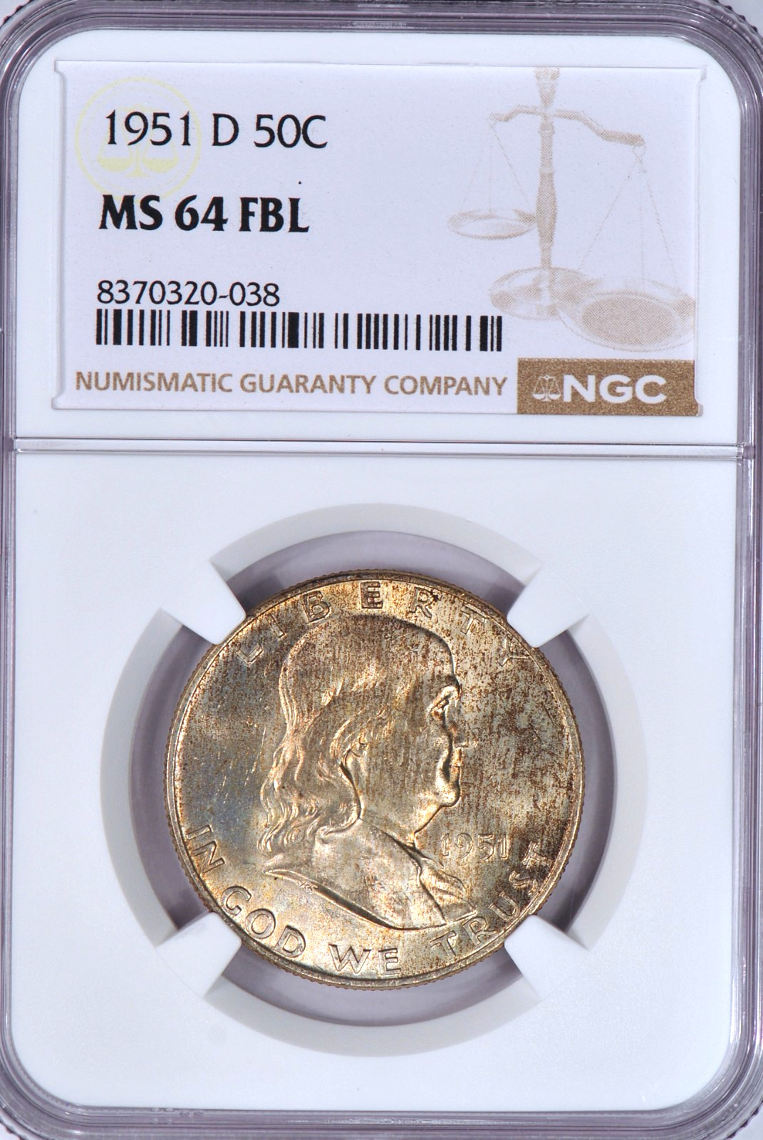 1951 D Toned Franklin Half Dollar NGC MS 64 FBL See Video Toning Silver Coin 50C