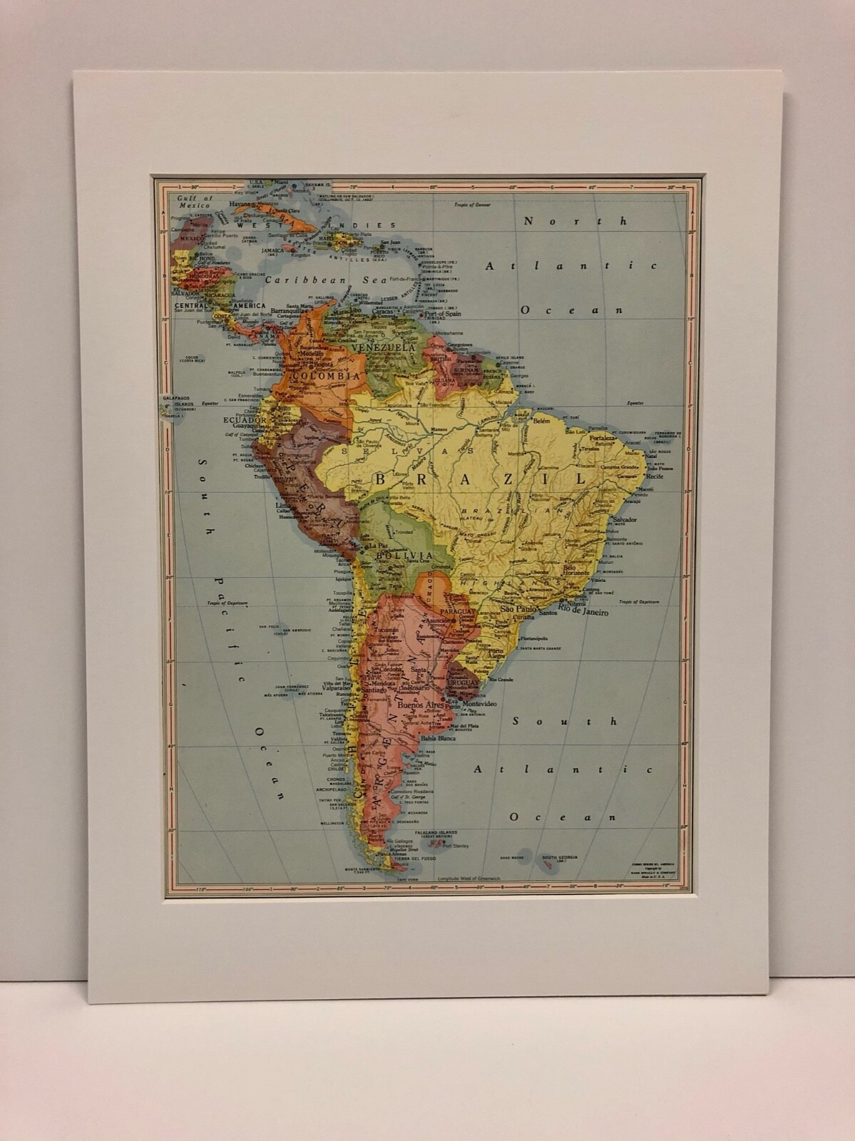 Vintage 1956 Rand-McNally Map of South America - pre-matted ready to frame 16x12