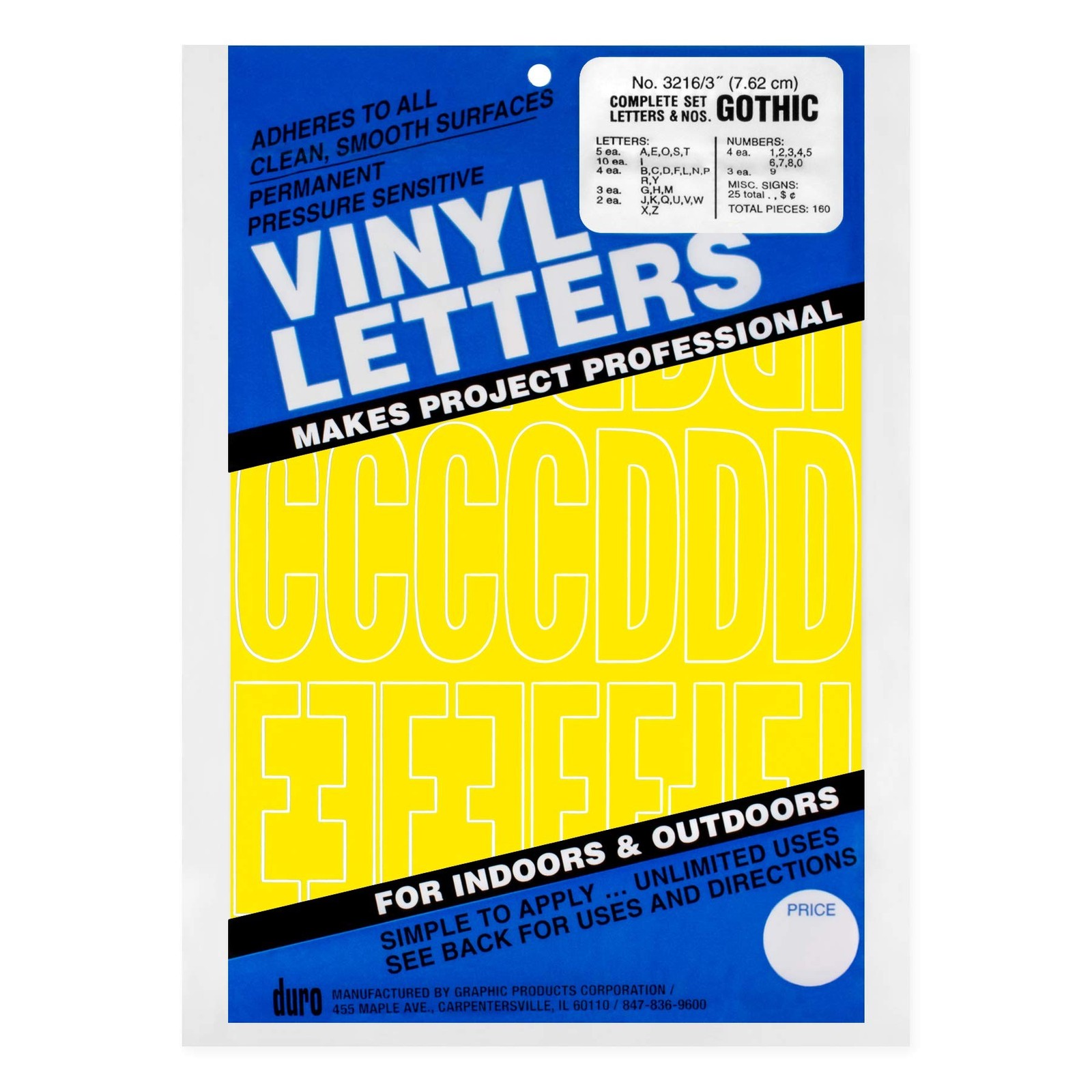 Duro Permanent Adhesive Vinyl Letters & Numbers 3" 160/Pkg, Yellow 3"