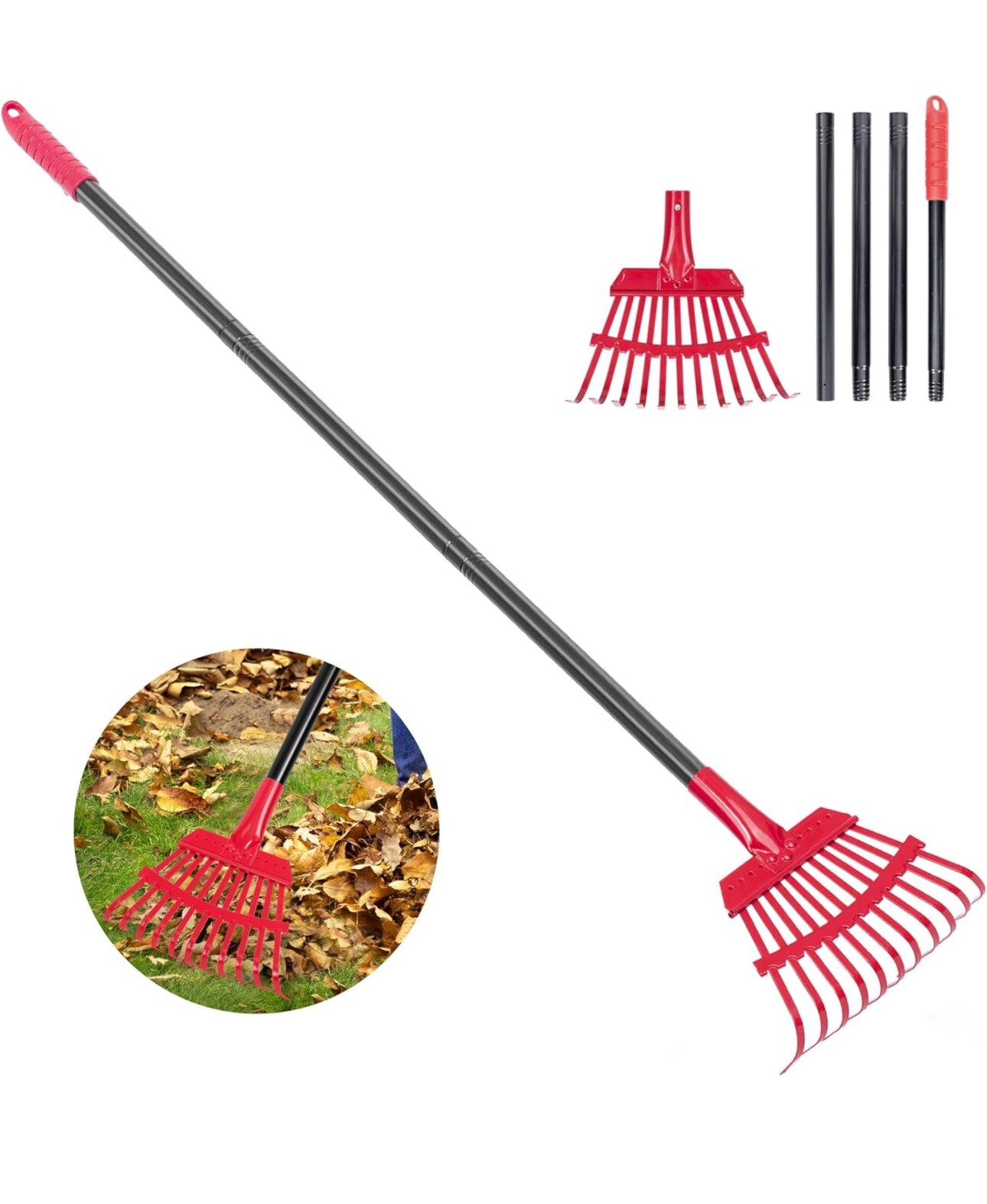 Garden Leaf Rake With 60” Adjustable Long Steel Handle, 11 Metal Tines