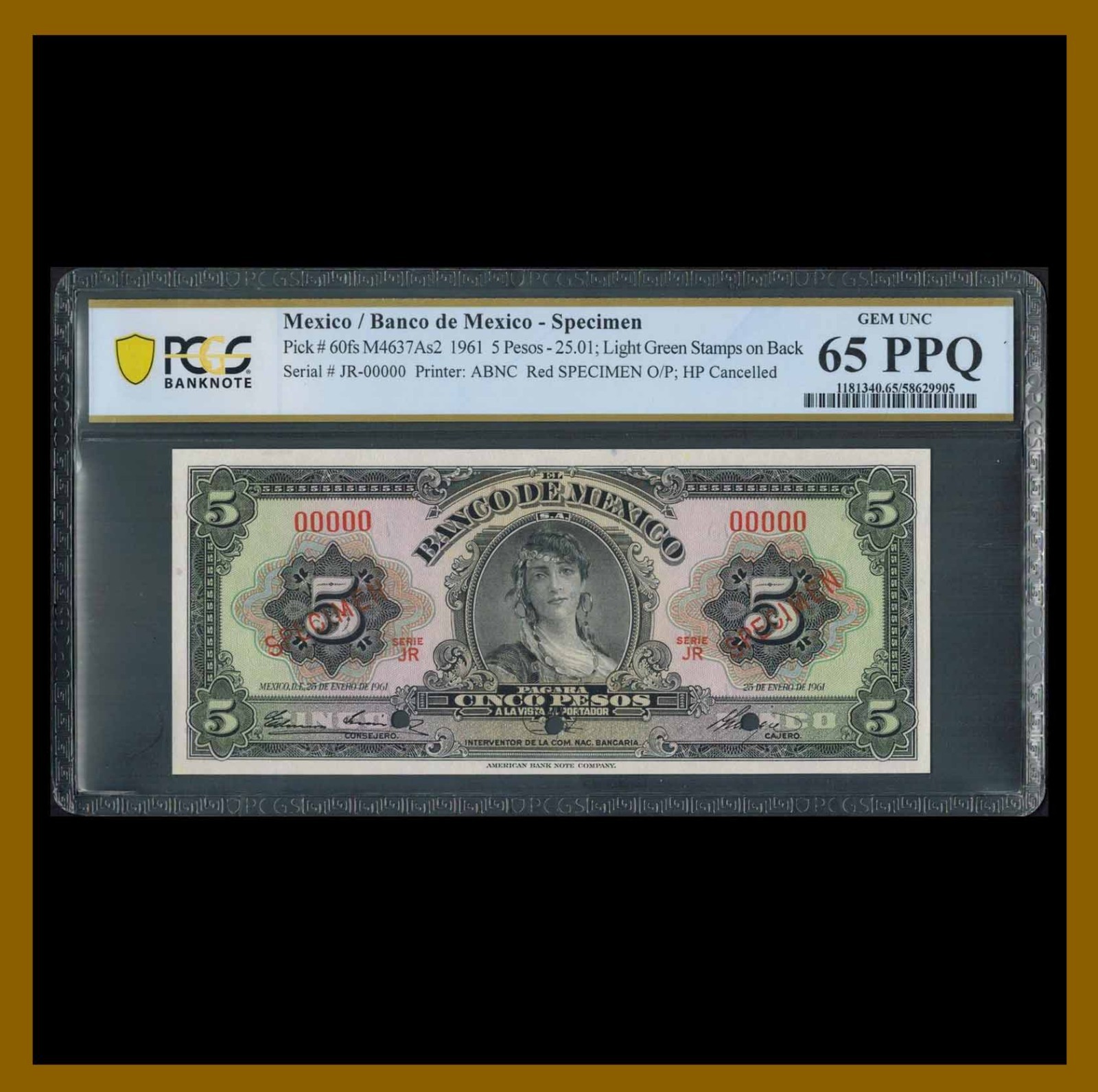 Mexico 5 Pesos, 1961 P-60fs M4637As2 Specimen Light green Stamps PCGS 65 PPQ