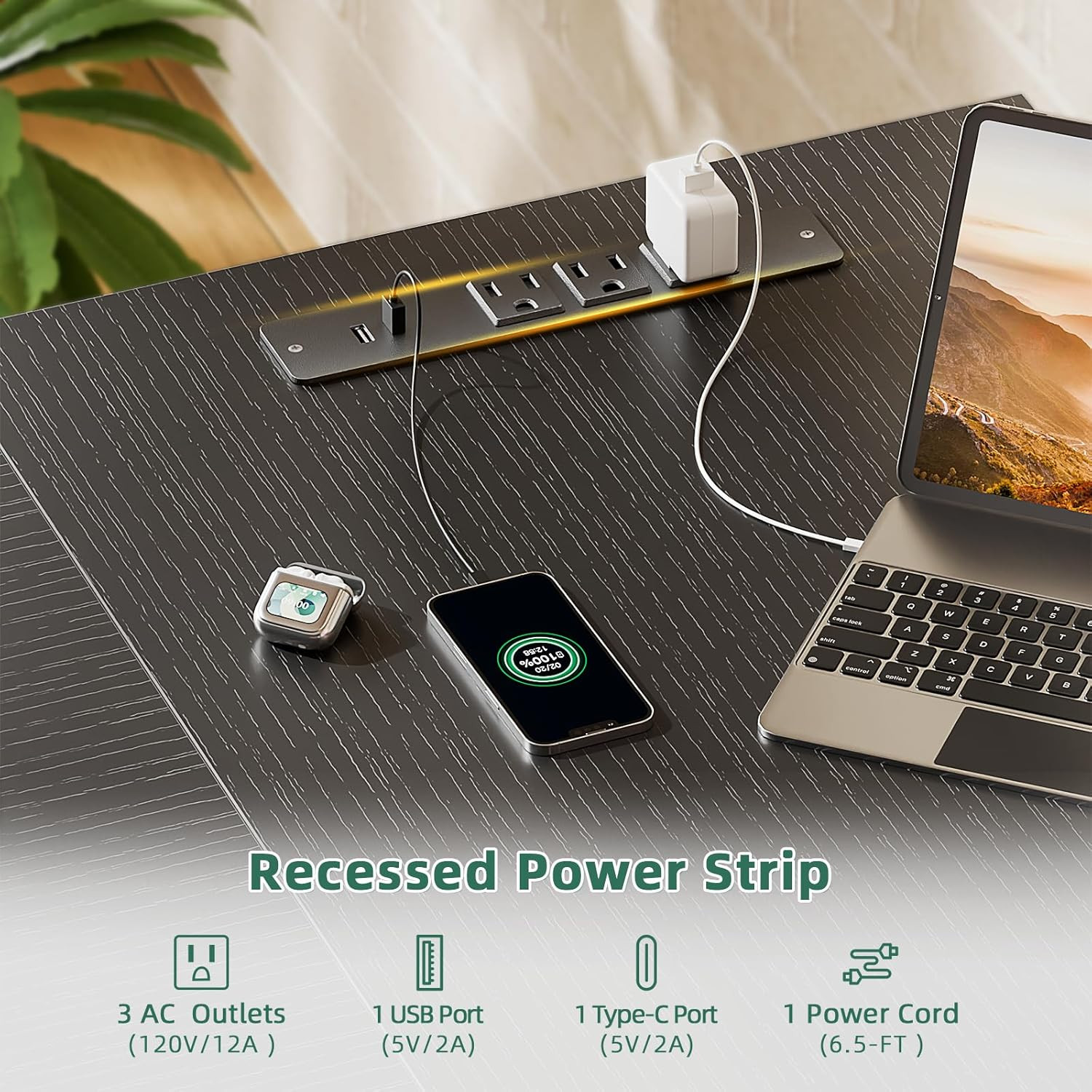 63" L Shaped Desk with Power Outlets & USB-C Port, Reversible Corner Computer De