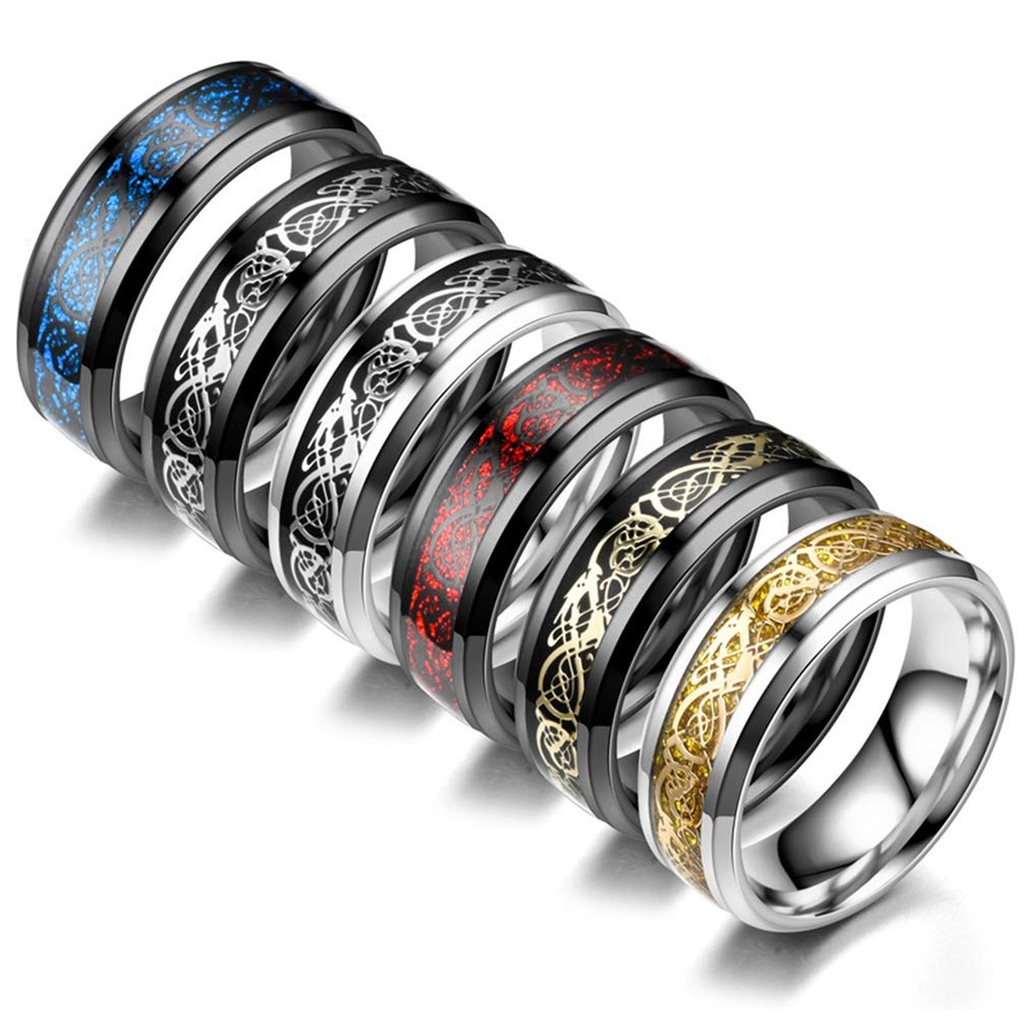 CASDAN 6Pcs 8mm Stainless Steel Rings for Men Celtic Dragon Beveled Edges Cel...