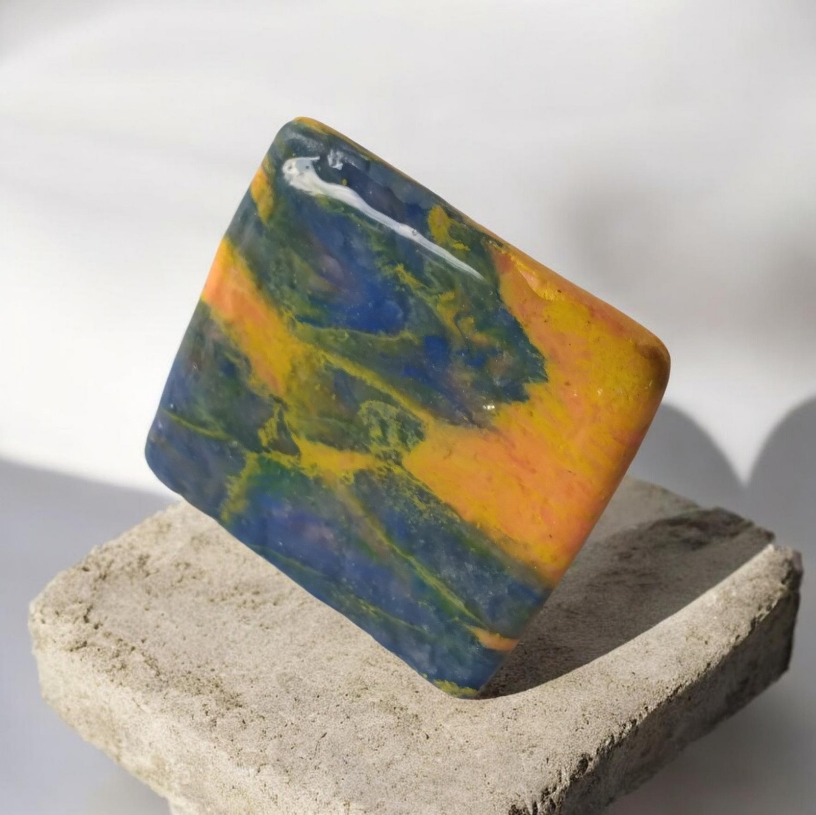 Handcrafted Silver Adjustable Polymer Clay Ring Square Blue Yellow Marbled