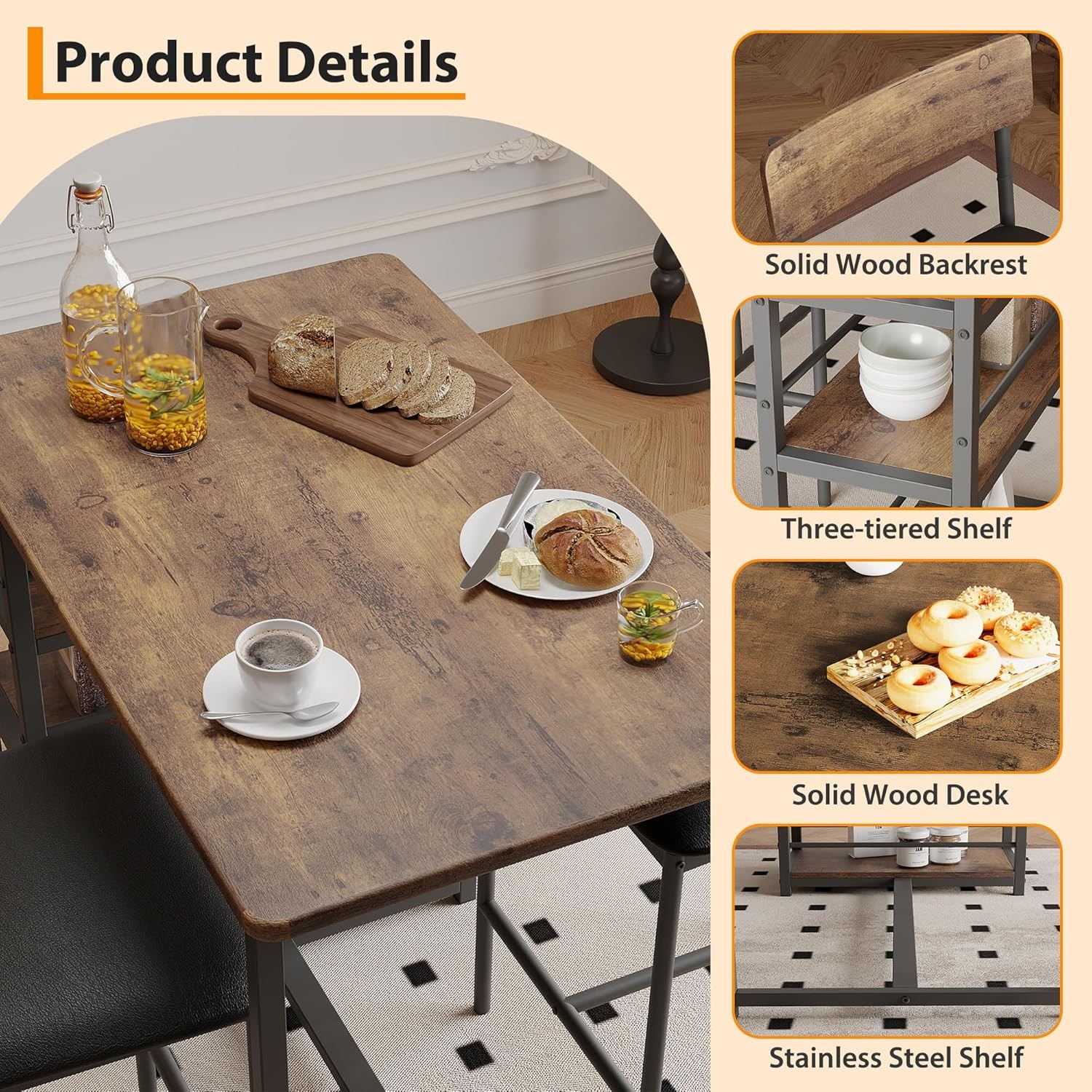Dining Table Set 2 Counter Height Kitchen Table W/ 2 Upholstered Bar Stools