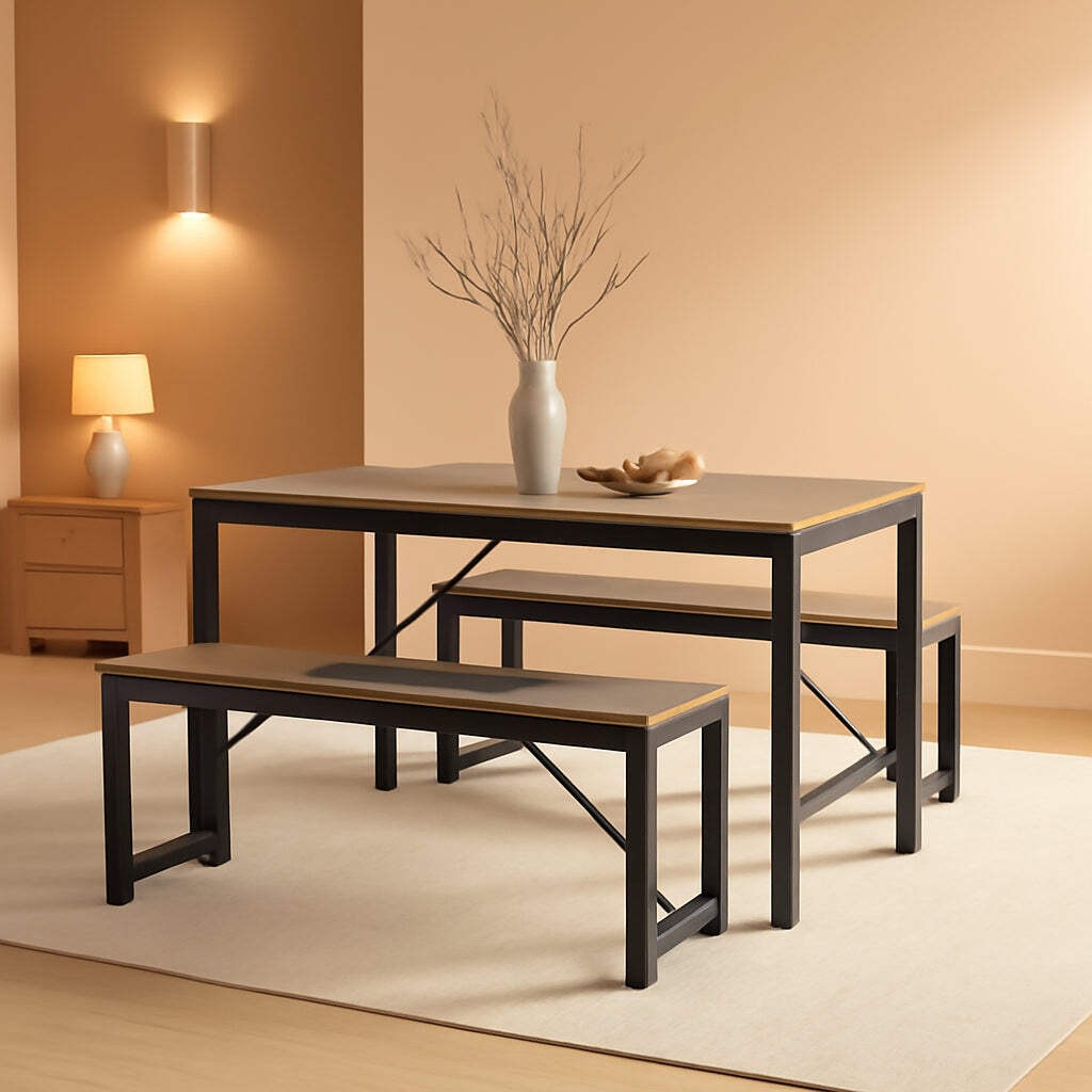 Dining Table Set For 4 With 2 Benches Gray Finish Modern