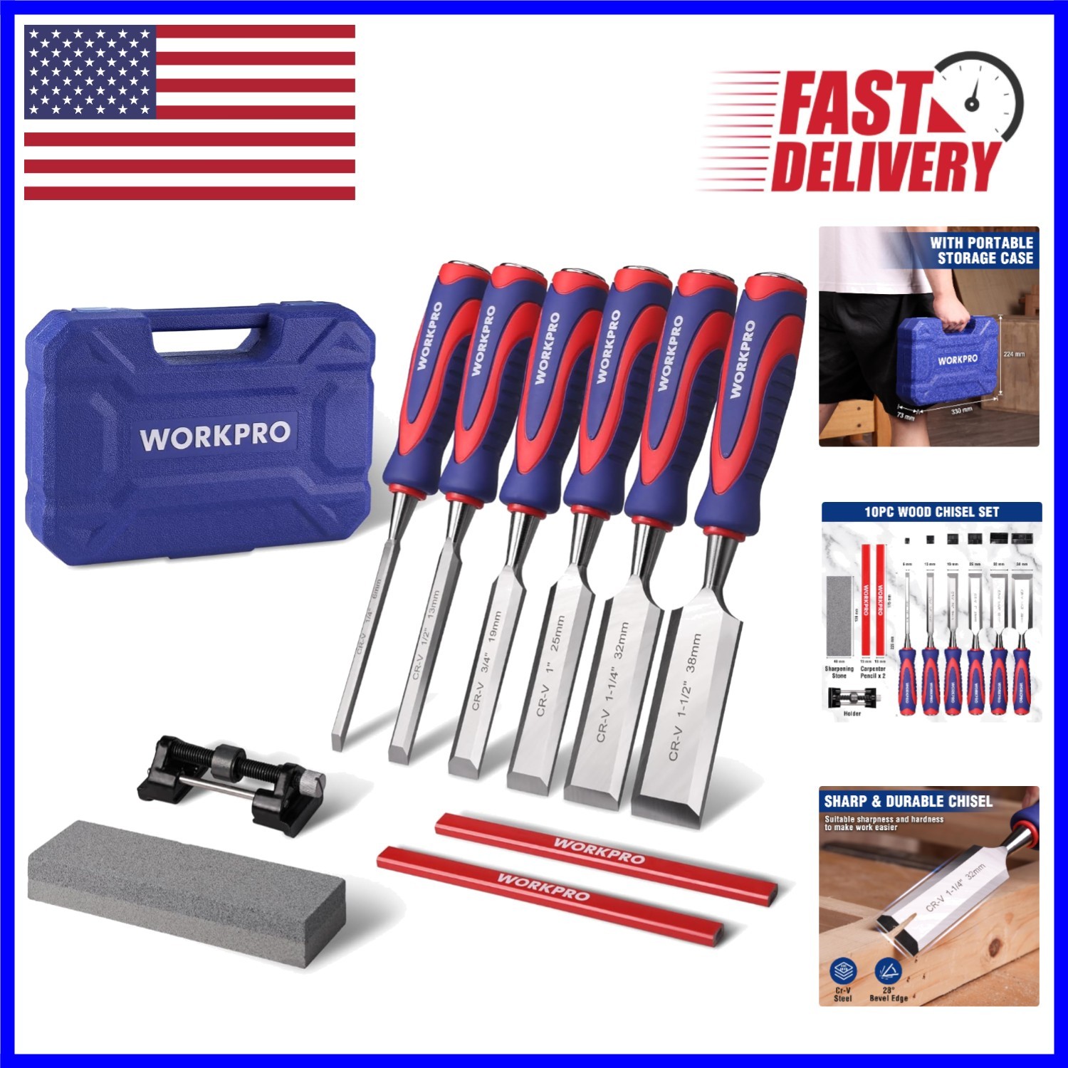 Complete Woodworking Chisel Kit - 10-Piece Bevel Edge Set with Sharpening Tools