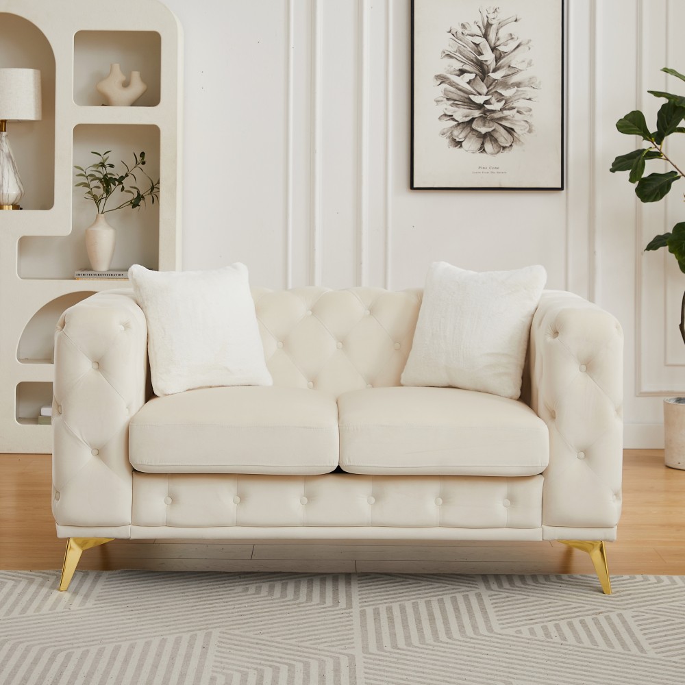 Modern Velvet Chesterfield Sofa w/ Quilted Button Accents & 2 Pillows
