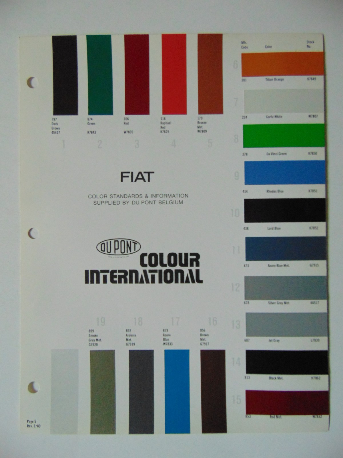 Original Dupont Fiat Paint Chip Sheet - 1980
